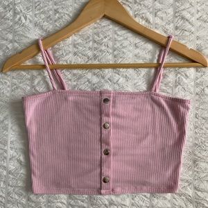 Pink Cropped Tank Top - Ribbed - Square Neckline